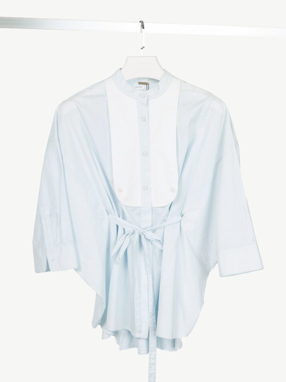 Adam Lippes Pale Blue & White Cotton Oversized Tie-Waist Bib Blouse